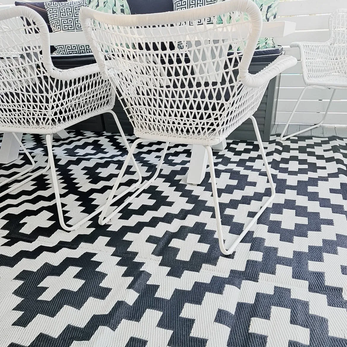 Aztec Black And White Monochrome Recycled Plastic Outdoor Rug