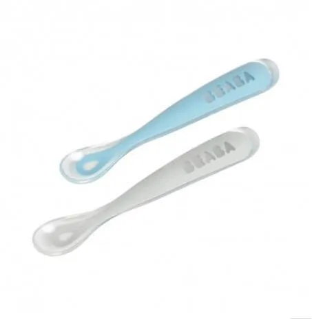 Beaba SET OF 2 silicone 1st age silicone spoon   Case (light Mist   Windy Blue)