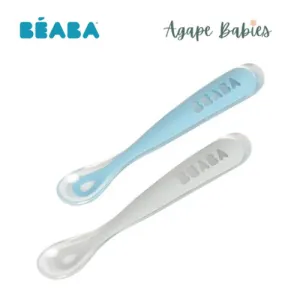 Beaba SET OF 2 silicone 1st age silicone spoon   Case (light Mist   Windy Blue)