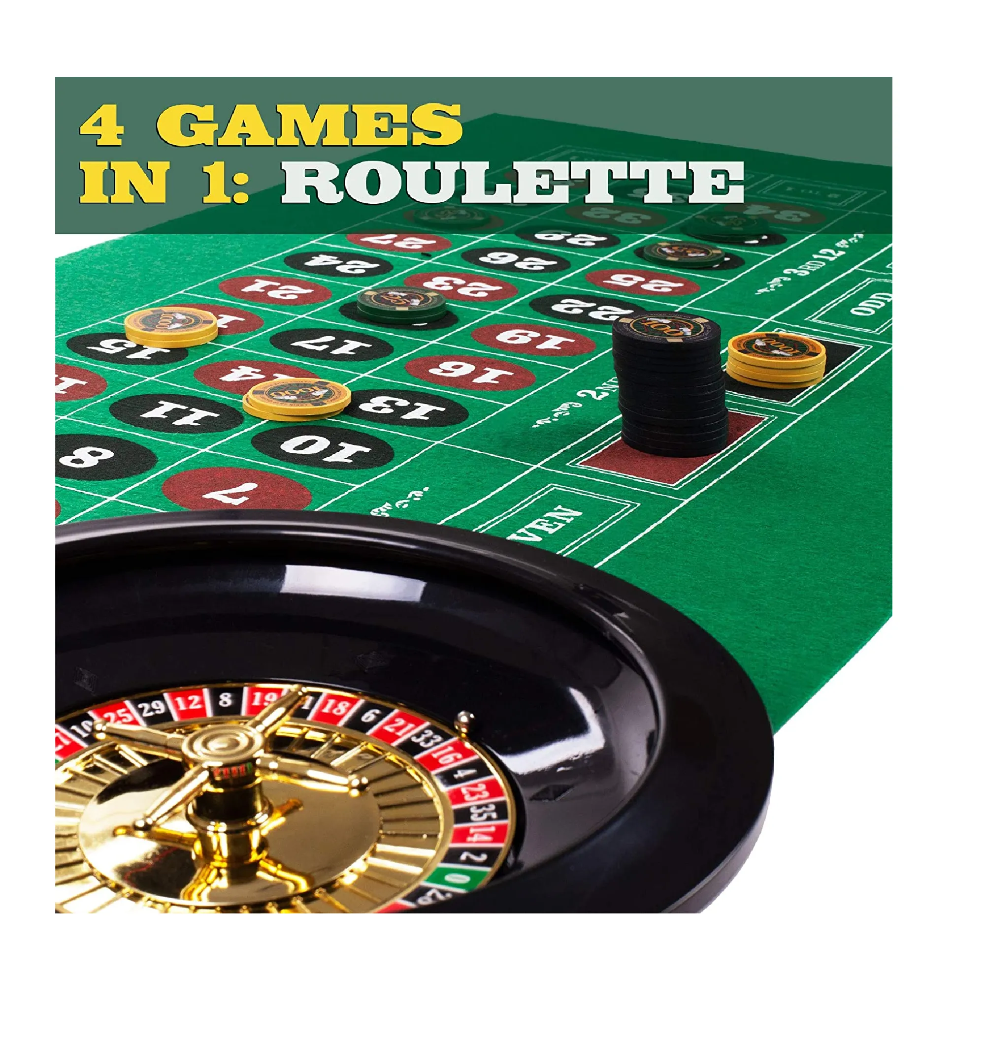 Brybelly Casino Night 4-in-1 Complete Game Set with Felts Wheel 100 Chips Dice & Cards for Blackjack Craps Roulette & Texas Hold'em Green Felt Double Sided Casino Tabletop Gaming Mat