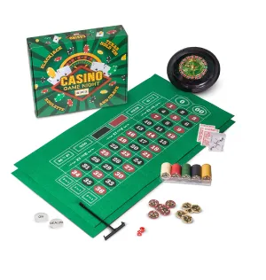 Brybelly Casino Night 4-in-1 Complete Game Set with Felts Wheel 100 Chips Dice & Cards for Blackjack Craps Roulette & Texas Hold'em Green Felt Double Sided Casino Tabletop Gaming Mat