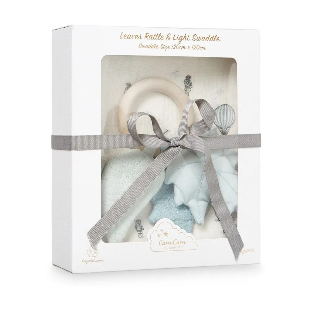 Cam Cam Copenhagen - Gift Box with Printed Swaddle and Leaves Rattle - Holiday