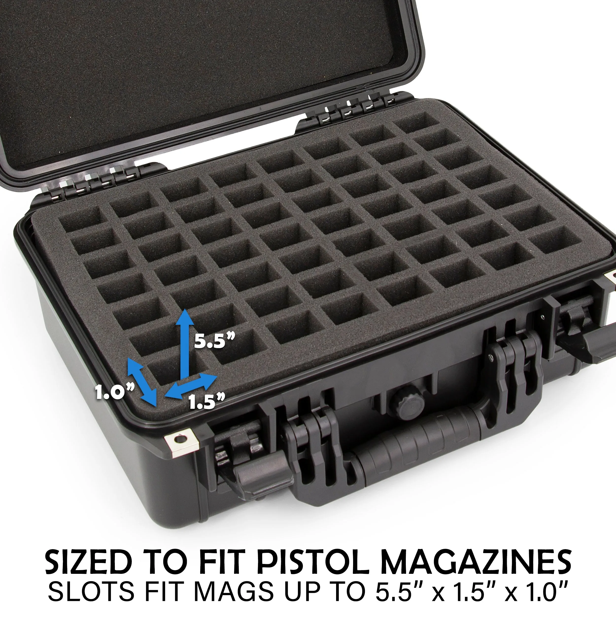 CASEMATIX 56 Pistol Magazine Storage Case - TSA Approved Waterproof Gun Magazine Storage for 9mm Magazines up to 5.5", Remove Foam to Fit Larger Clips