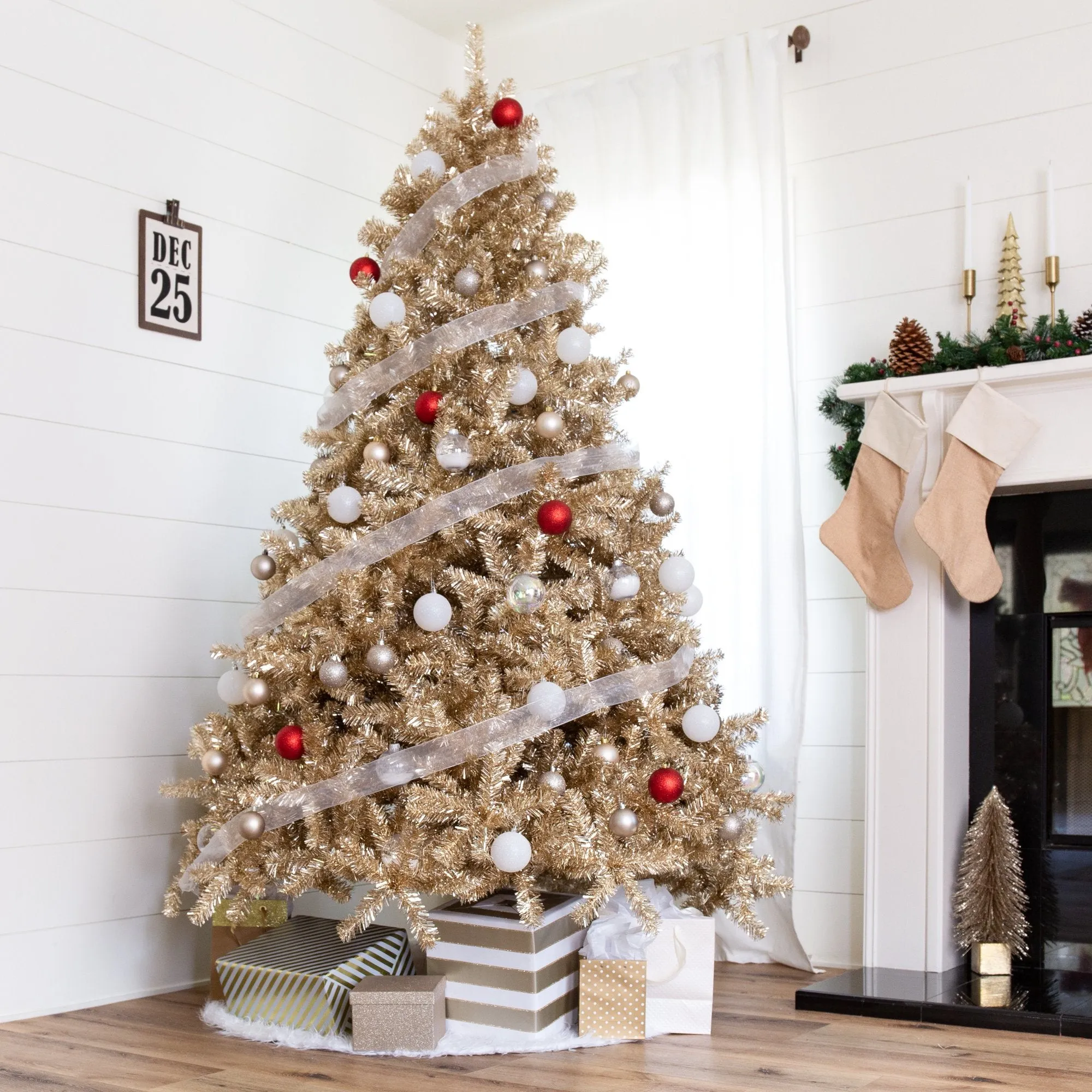 Champagne Gold Artificial Tinsel Christmas Tree w/ Foldable Stand