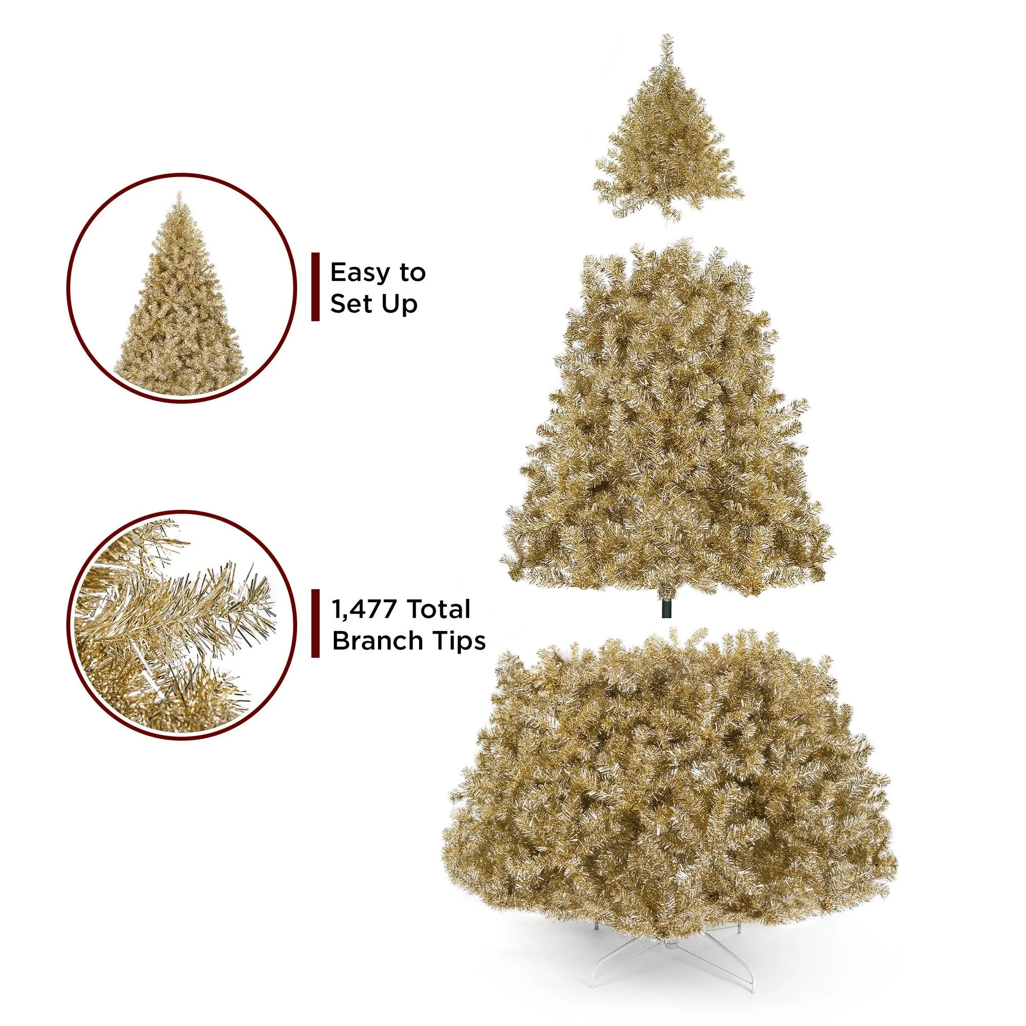 Champagne Gold Artificial Tinsel Christmas Tree w/ Foldable Stand