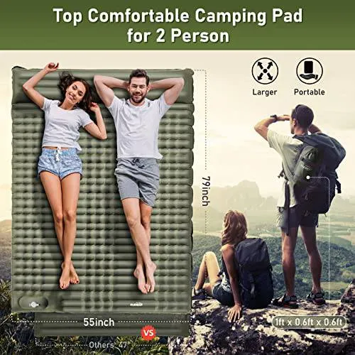 Double Sleeping Pad for Camping, Ultralight Self Inflating Camping Pad for 2 Person