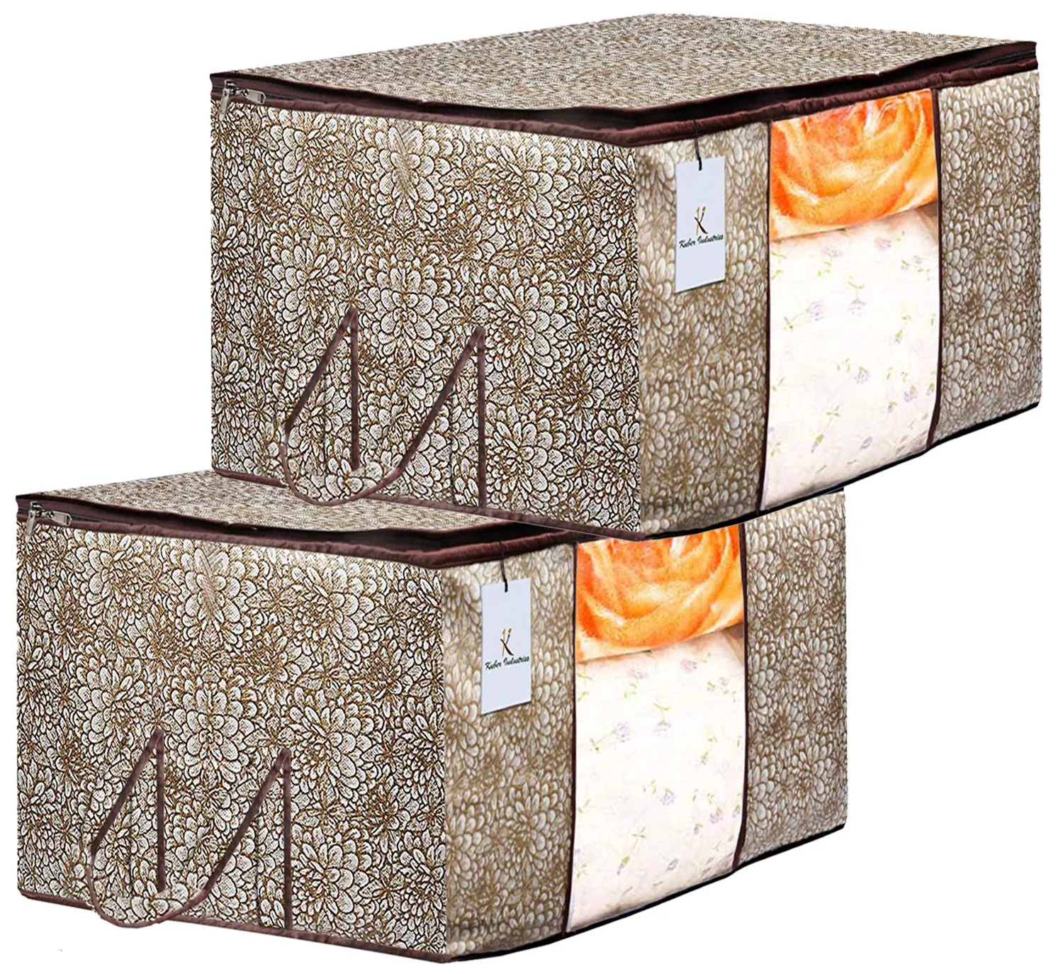 Kuber Industries Metallic Printed Non Woven Rectangular Underbed Storage Bag Organiser, Blanket Cover with Transparent Window, (Extra Large, Golden & Brown, 2 Piece CTKTC134517)