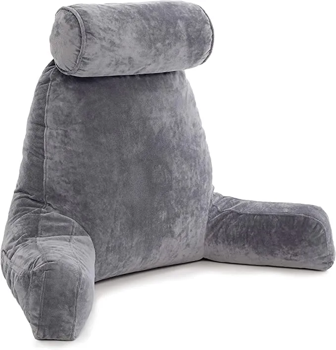 PETITUDE Back Support Pillow with Support Arms,Perfect Back Support for Reading/Watching TV in Bed,Bed Rest Pillow, Gaming Pillow, Machine Washable/Velvet Zipper Cover (Large Size, Grey)