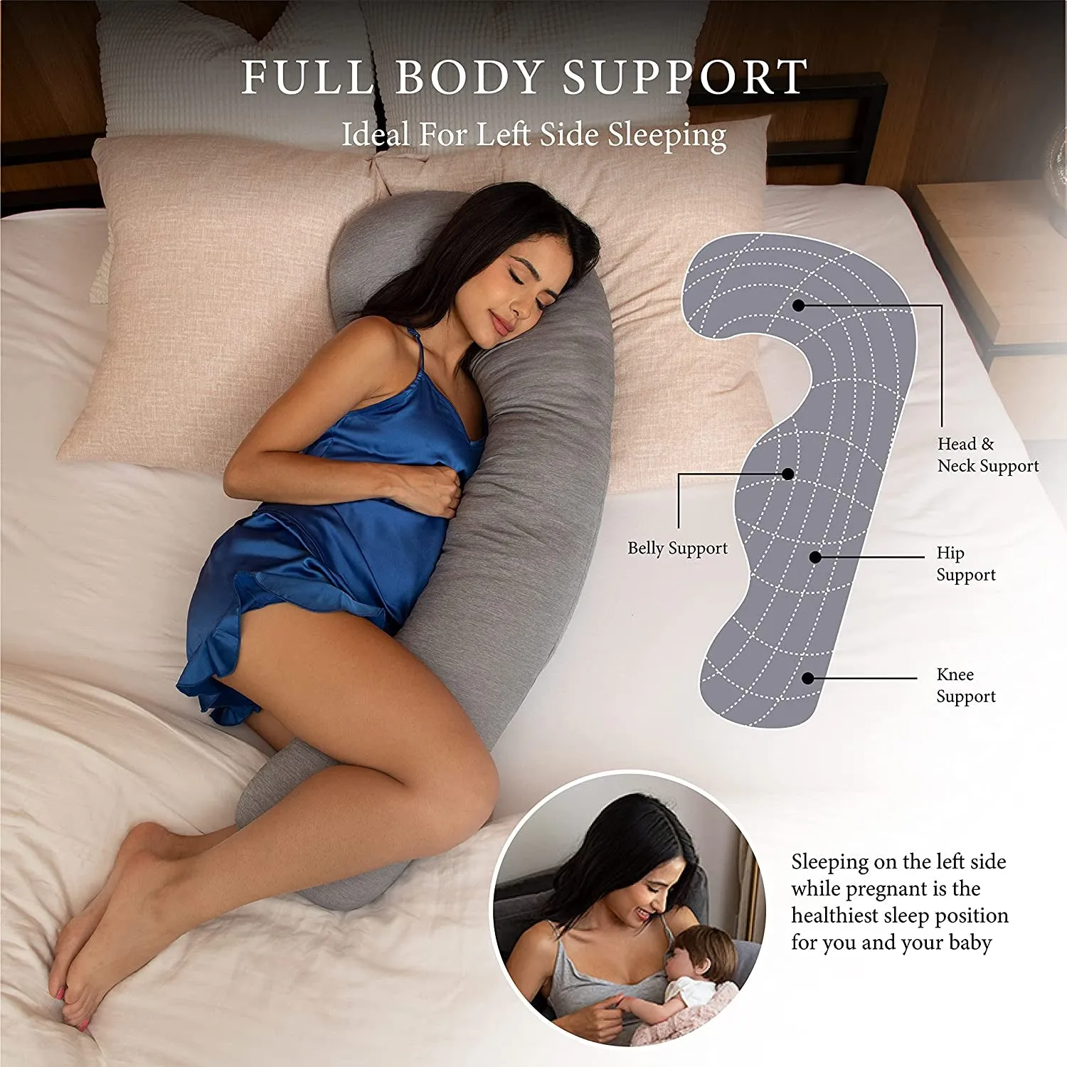 Pharmedoc Pregnancy Pillows J-shape Full Body Maternity Pillow - Grey Cooling Cover