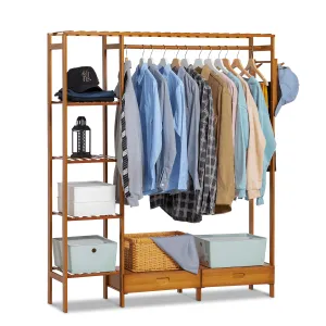 premium Bamboo 1 Drawer Hat Hooks Coat Pants Rack, Closet Organizer Wardrobe, Brown, for Bedroom