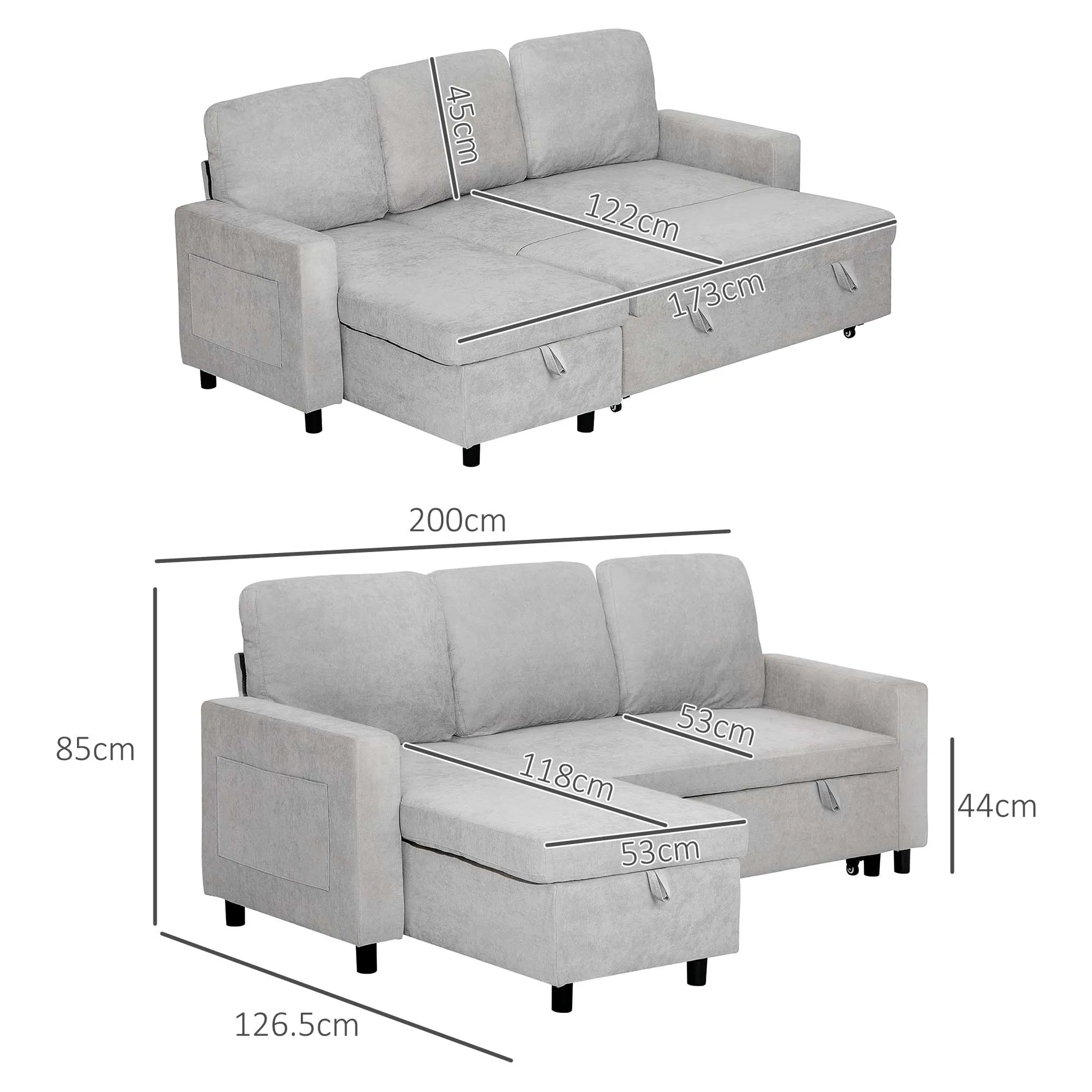 Pull Out Sofa Bed L Shape Corner Sofa w/ Reversible Chaise Light Grey