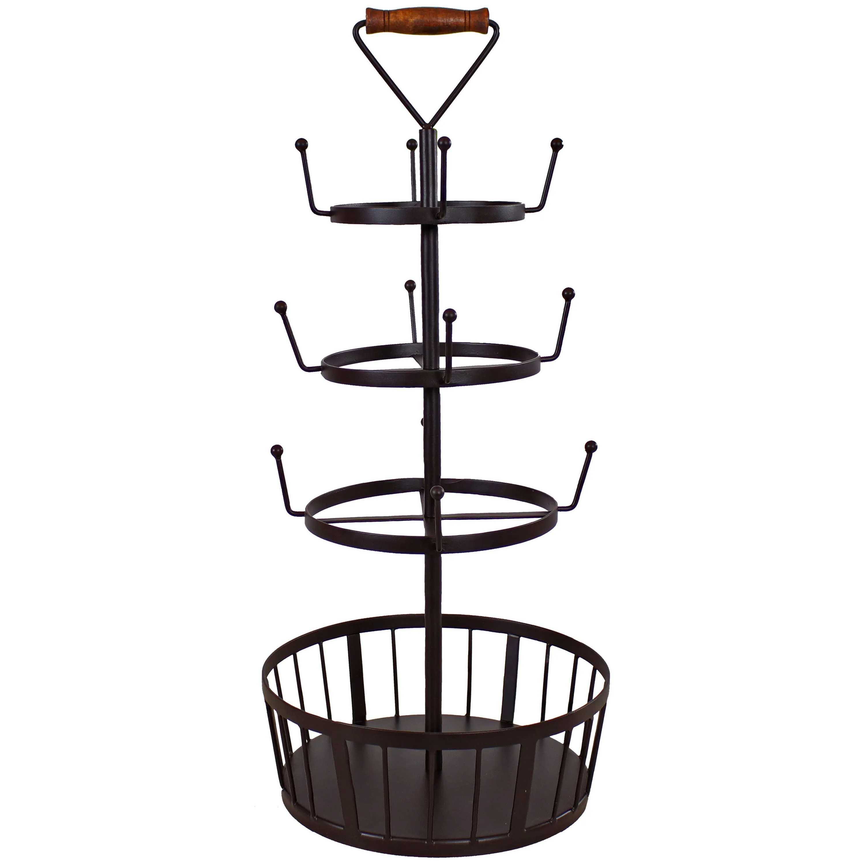 Sunnydaze Round 4-Tier Coffee Mug Tree with Basket - Dark Brown