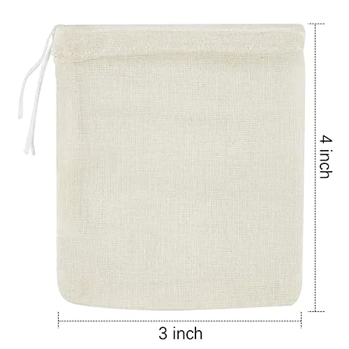 TUZAZO 50 Pack Reusable Drawstring Cotton Tea Bags - Cheesecloth Bags for Straining, Muslin Bags, Sachet Bags, Coffee Tea Bone Broth Brew Bags (3 x 4 inch)