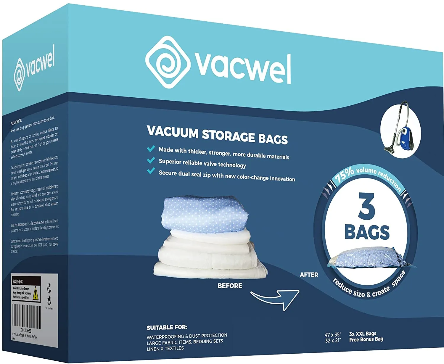 Vacwel Jumbo XXLarge Vacuum Storage Bags 47 x 35 Inch for Clothes Comforters 3x